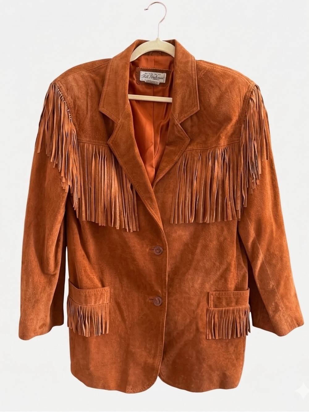 SAKS FIFTH AVENUE by GALLERY RUST SUEDE FRINGE SHOULDER PAD VINTAGE JACKET